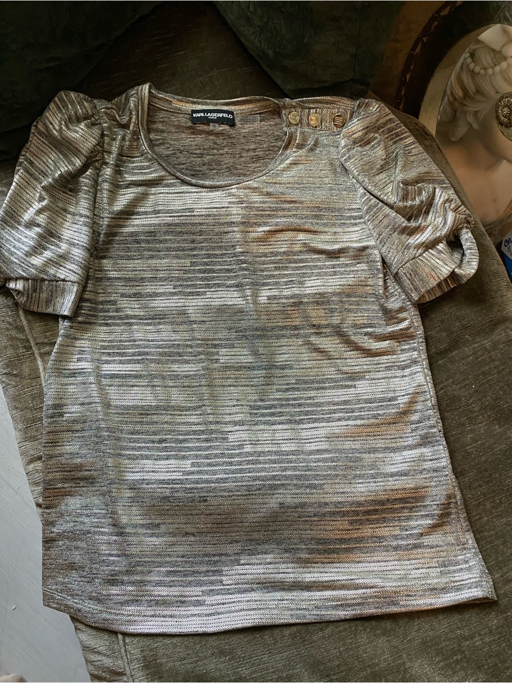 Karl Lagerfeld Silver Metallic Puff Sleeve Tee